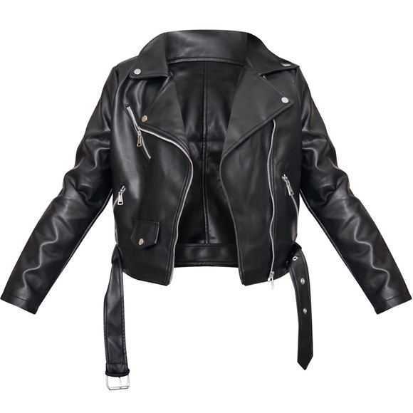 NWT PrettyLittleThing Black Faux Leather Belted Biker Jacket - Picture 1 of 16
